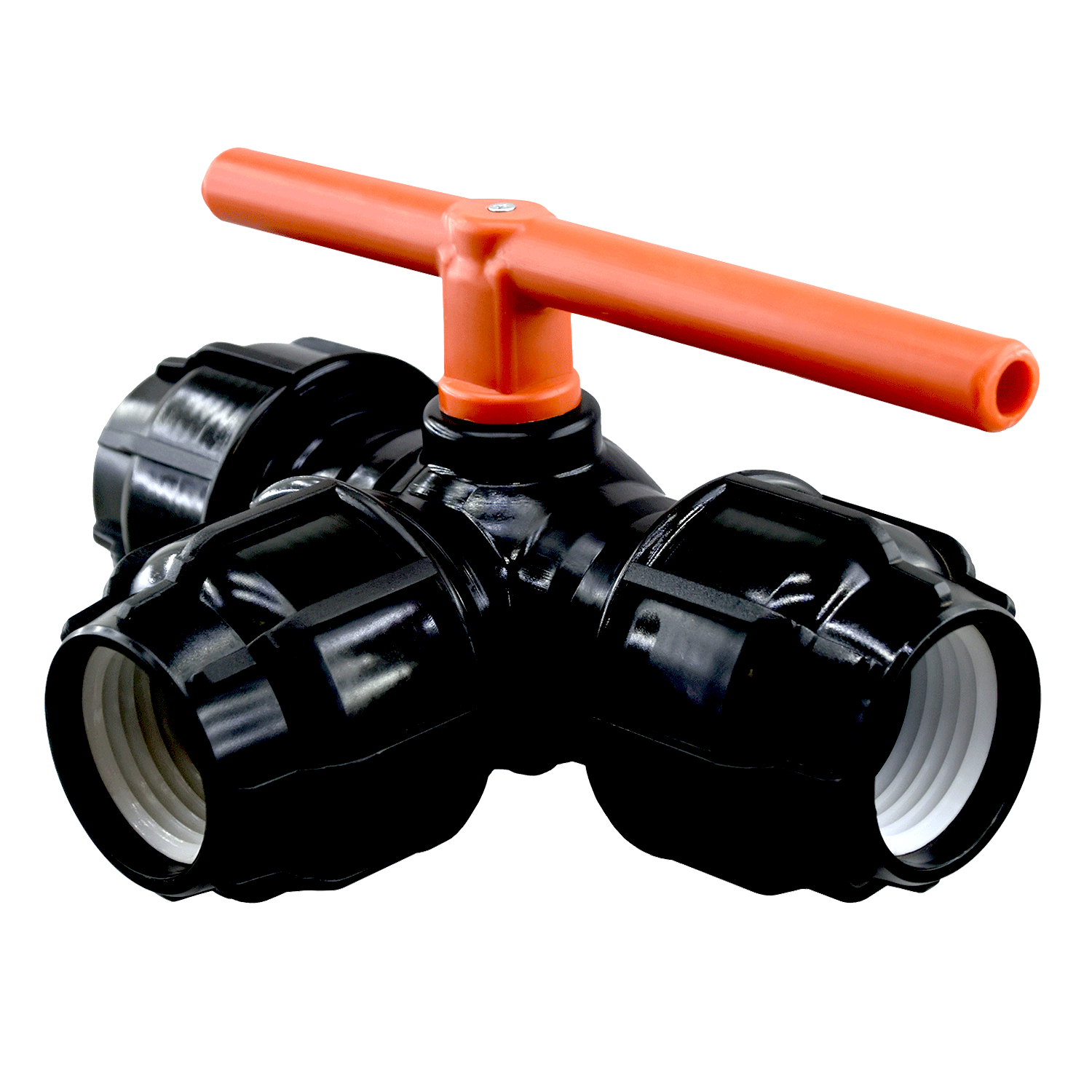 Three-way polymer valve, three-way connection, 90 mm