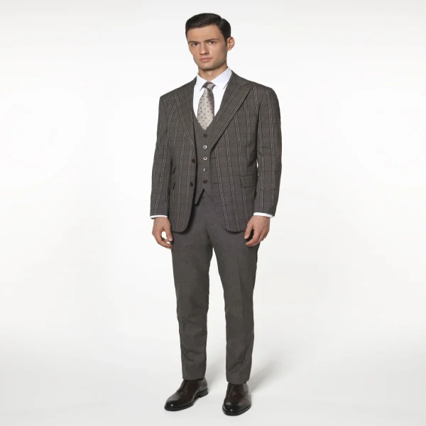 C24 Nescafe Blue Check Notch Collar Suit and Vest Combo